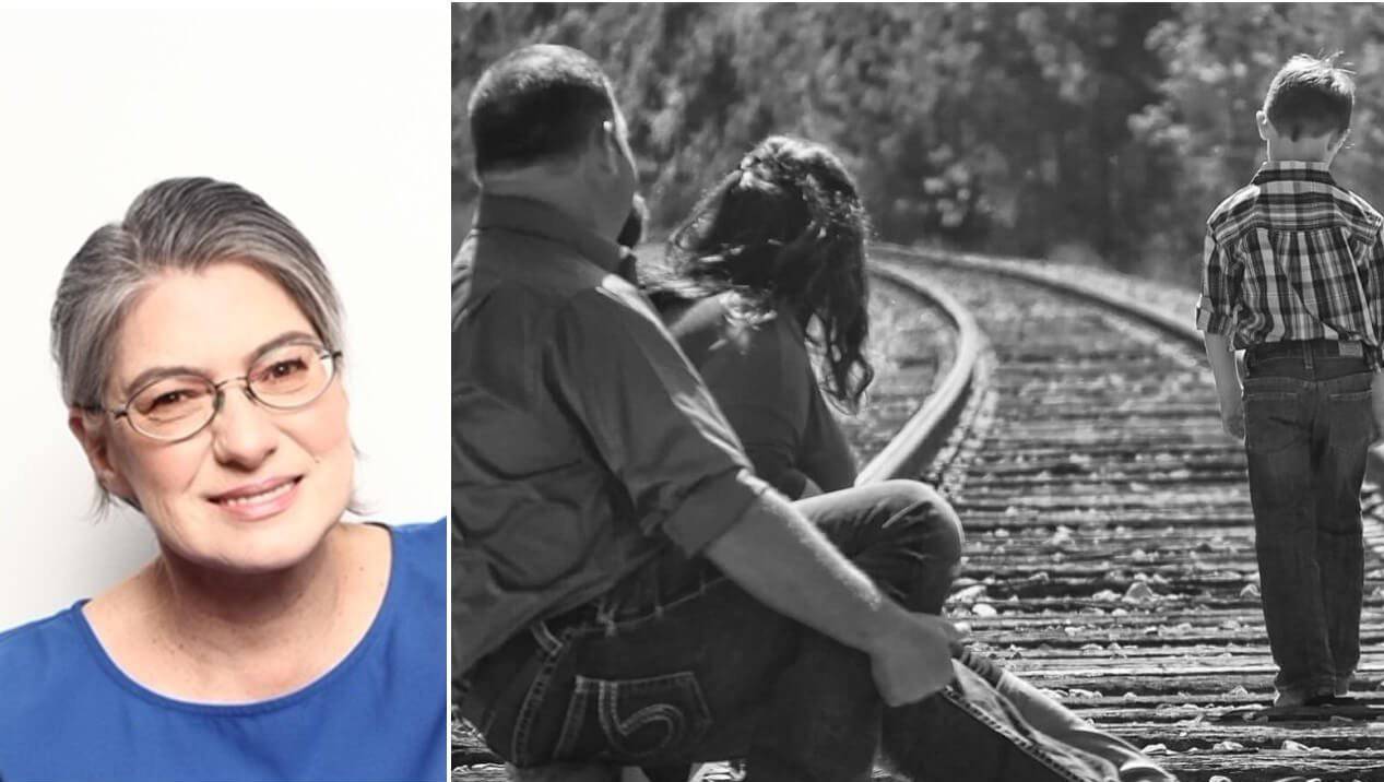 Porträtt Liria Ortiz bredvid en bild av ett barn som går iväg från sina föräldrar